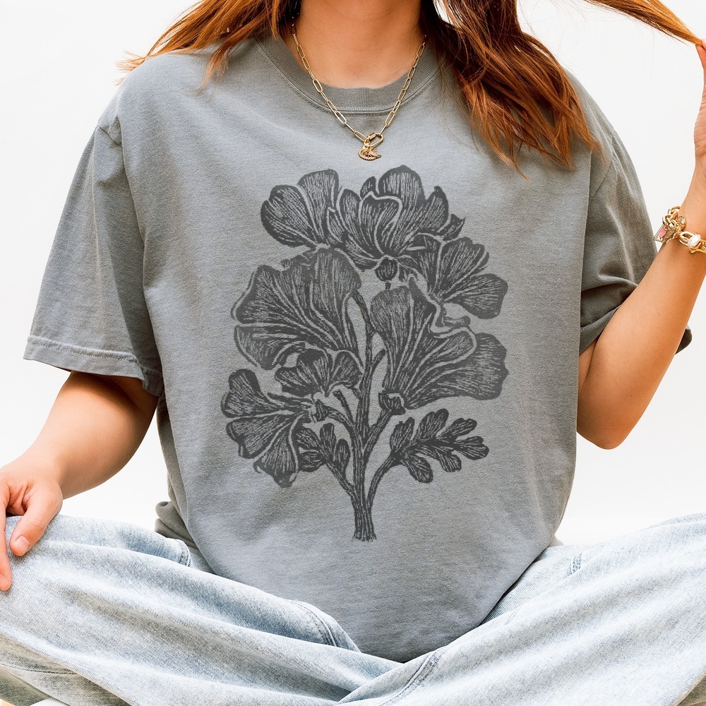 Botanical Flower Illustration Graphic Tee Block Print Style Art